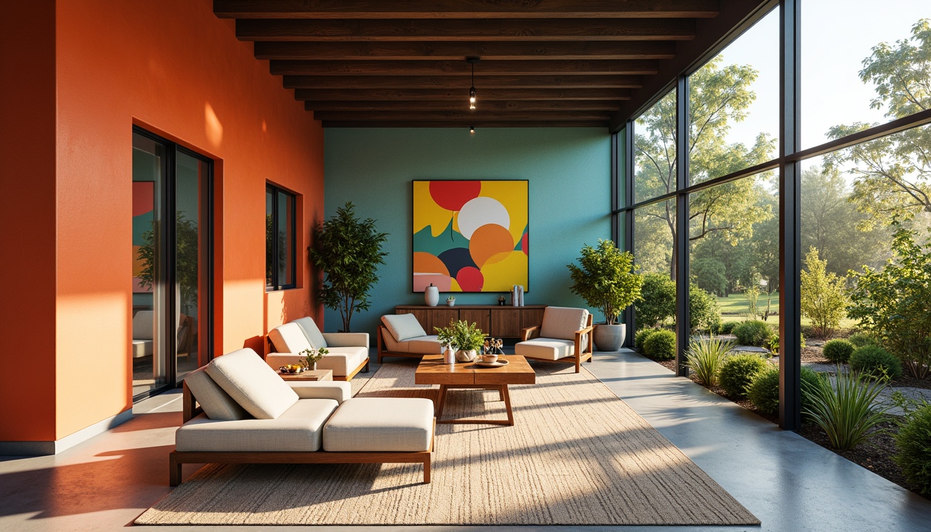 Prompt: Vibrant sunroom interior, geometric patterned walls, textured concrete floors, sleek metal frames, large glass windows, minimalist decor, bold color schemes, abstract artwork, natural light pouring in, warm atmospheric lighting, shallow depth of field, 1/1 composition, realistic material textures, ambient occlusion, modernist furniture designs, clean lines, functional simplicity, industrial chic accents.