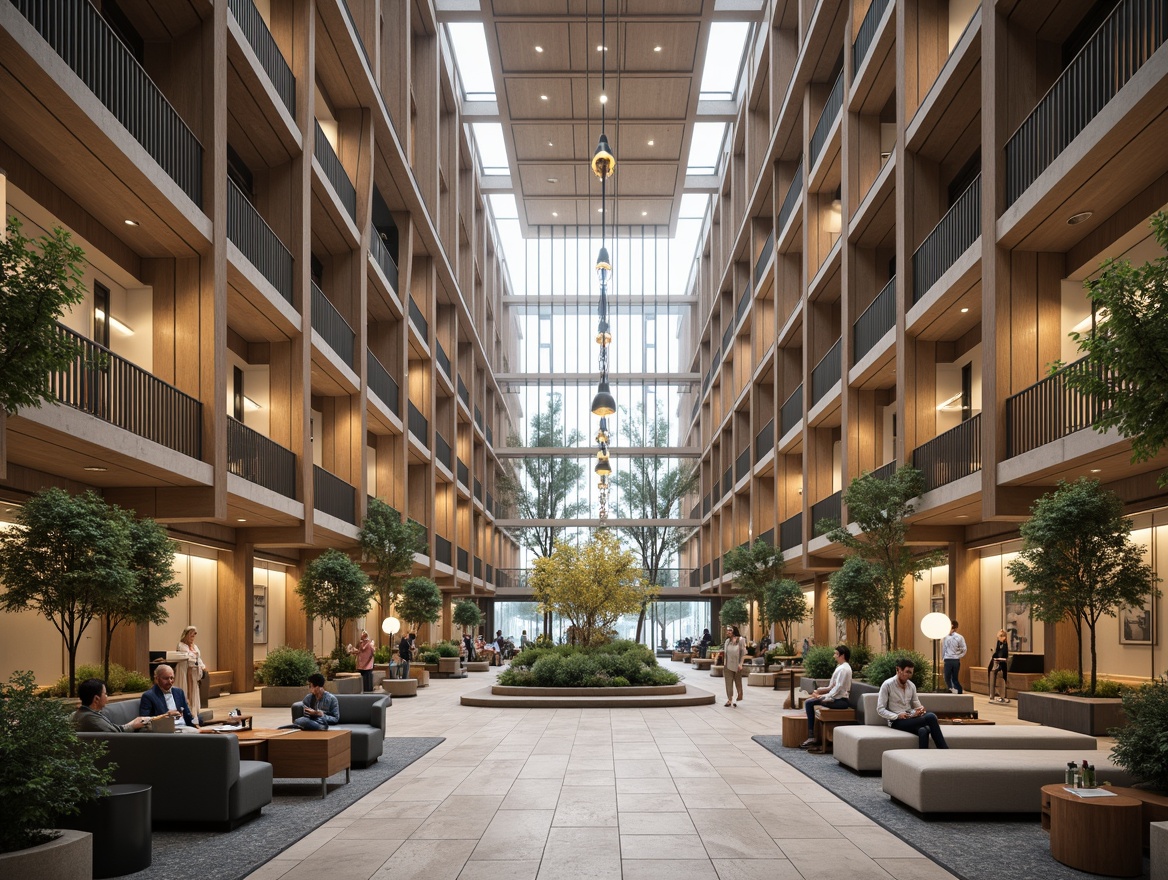 Prompt: Spacious atriums, natural stone floors, wooden accents, minimalist chandeliers, abundant greenery, floor-to-ceiling windows, sleek metal railings, modern furniture, collaborative workspaces, open-plan offices, flexible modular layouts, warm neutral color palette, soft diffused lighting, shallow depth of field, 2/3 composition, symmetrical architecture, grand entrances, formal reception areas, elegant staircases, sophisticated interior design, professional ambiance, calm atmosphere, subtle textures, ambient occlusion.