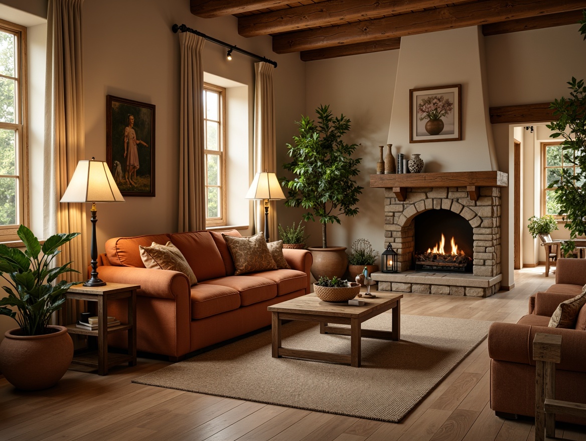 Prompt: Cozy living room, warm beige walls, plush velvet sofa, rustic wooden coffee table, vintage metal lamps, soft cream curtains, natural stone fireplace, earthy terracotta pots, lush greenery, warm golden lighting, shallow depth of field, 1/2 composition, realistic textures, ambient occlusion.