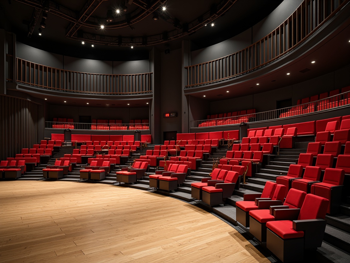 Prompt: Streamlined amphitheater, curved rows of seats, modern minimalist design, sleek metal framework, polished wooden floors, vibrant red upholstery, staggered seating arrangement, optimal viewing angles, stepped platforms, grand staircase entrance, dramatic spotlights, soft warm glow, 3/4 composition, shallow depth of field, realistic textures, ambient occlusion.