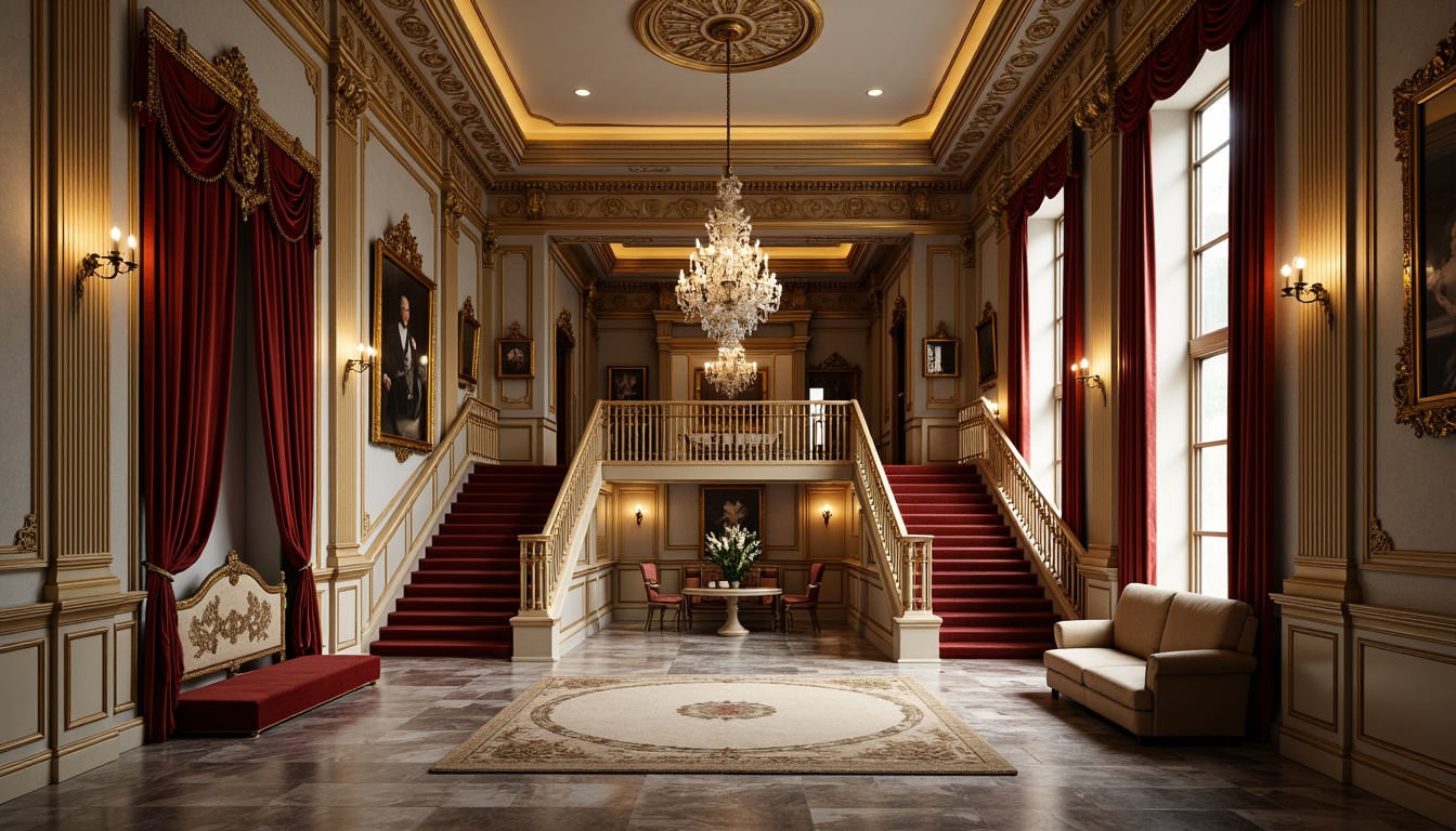 Prompt: Luxurious hall, ornate moldings, gilded details, intricate carvings, Baroque style architecture, grand staircase, crystal chandelier, marble flooring, velvet drapes, rich tapestries, golden accents, ornamental mirrors, lavish furnishings, opulent textures, warm ambient lighting, soft focus, shallow depth of field, 1/1 composition, realistic reflections.