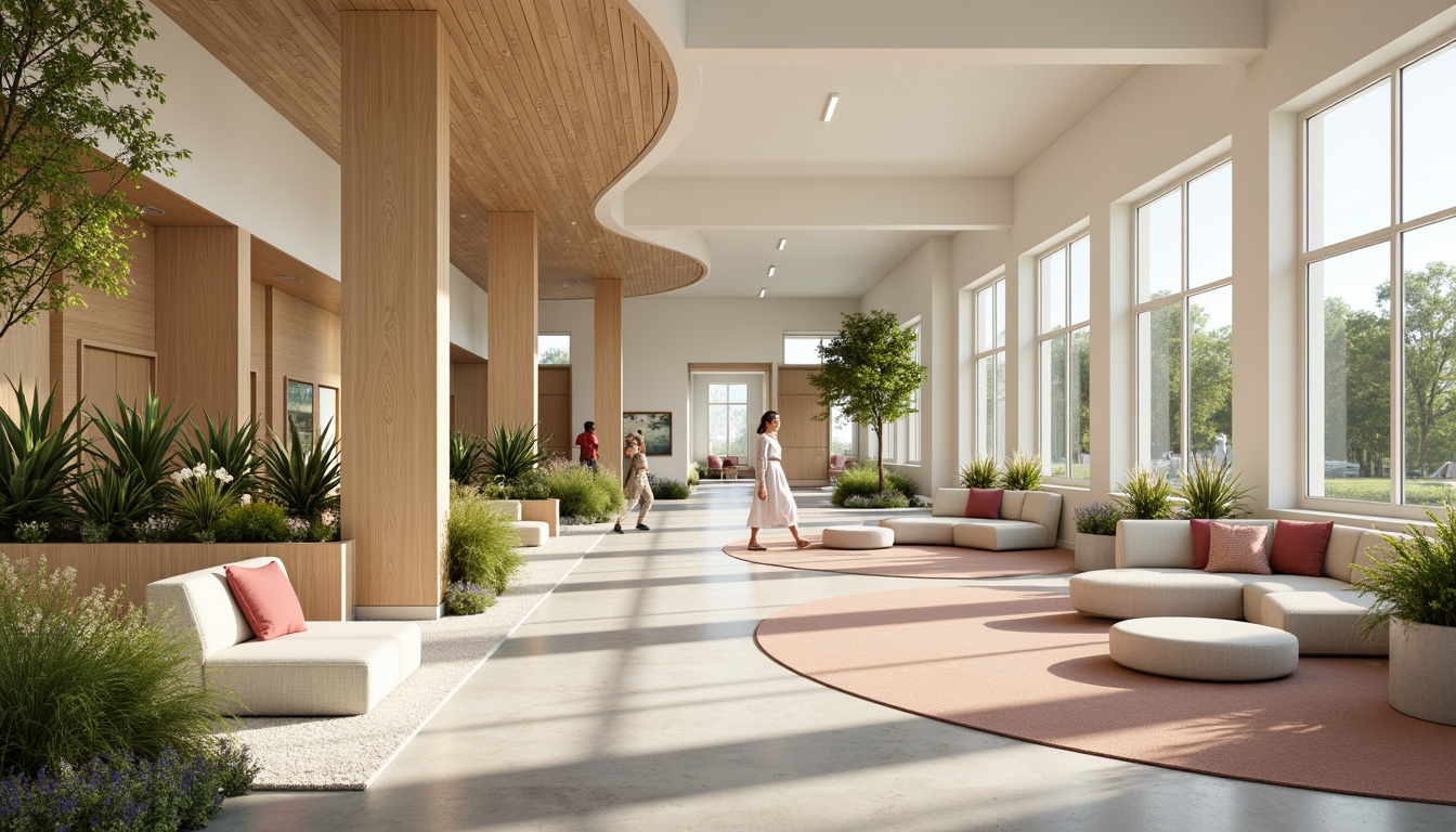 Prompt: Soothing youth center, calming color scheme, gentle pastel hues, creamy whites, soft grays, warm beiges, natural wood accents, plush carpets, cozy furniture, vibrant greenery, lush plants, blooming flowers, abundant daylight, soft diffused lighting, subtle shadows, minimalist decor, modern architecture, curved lines, organic shapes, peaceful ambiance, relaxing atmosphere, calming textures, realistic materials, shallow depth of field, 3/4 composition, panoramic view.