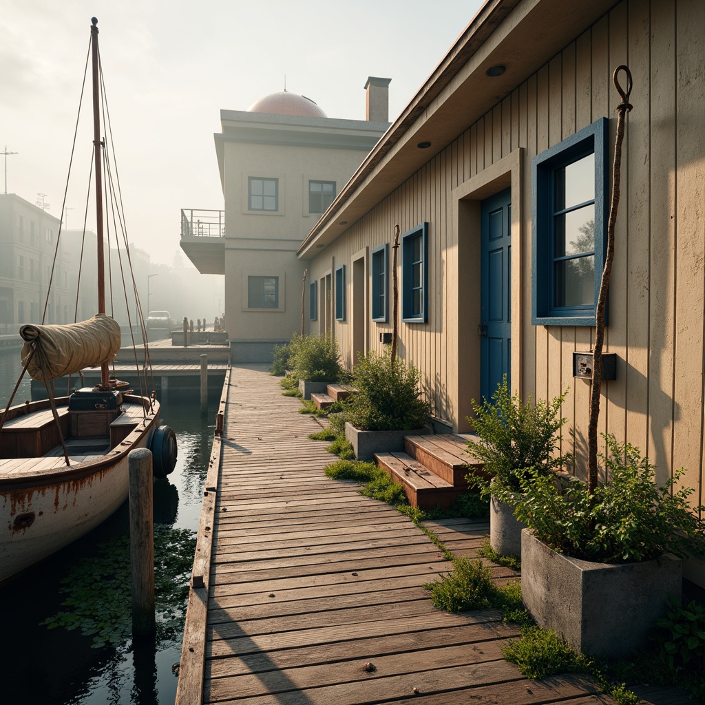 Prompt: Weathered wooden dock, rusty metal accents, vintage nautical ropes, distressed wood planks, soft warm lighting, misty morning atmosphere, tranquil waterfront setting, classic boathouse silhouette, earthy tone color scheme, mossy greenery, sandy beige walls, driftwood grey trim, navy blue shutters, creamy white windows, copper roof details, natural textures, shallow depth of field, 2/3 composition, soft focus effect.