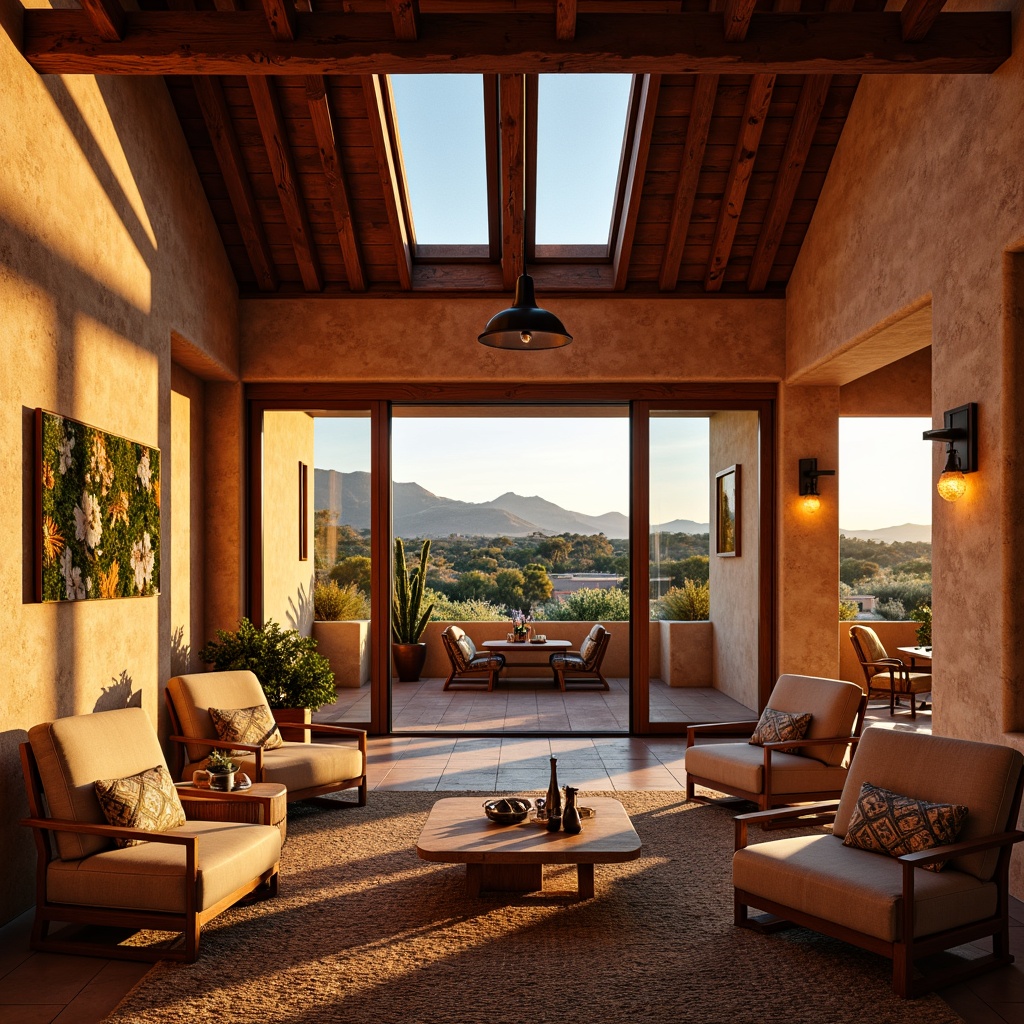 Prompt: Vibrant southwestern interior, warm earthy tones, rich wood accents, textured stone walls, plush woven textiles, rustic metal fixtures, natural fiber rugs, ambient soft lighting, warm golden glow, table lamps, floor lamps, pendant lights, candlelight, sunny afternoon, indirect natural light, clerestory windows, sliding glass doors, panoramic views, distant mountain ranges, arid landscape, cacti silhouettes, 3/4 composition, realistic textures, subtle shadows.