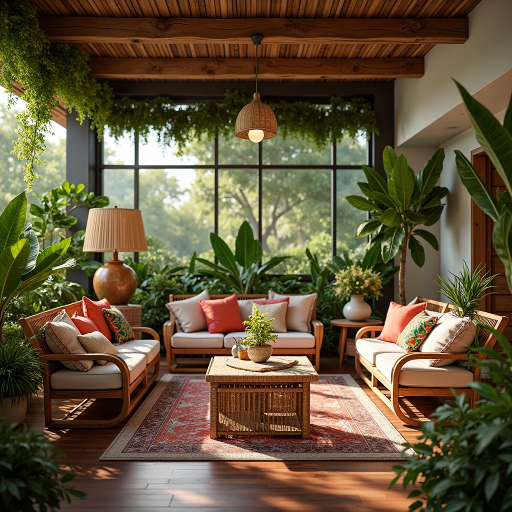 Prompt: Vibrant tropical living room, lush greenery, exotic plants, rattan furniture, natural wood accents, colorful tiki torches, woven textiles, palm frond patterns, bright coral hues, sunny day, warm soft lighting, shallow depth of field, 1/1 composition, intimate atmosphere, realistic textures, ambient occlusion.