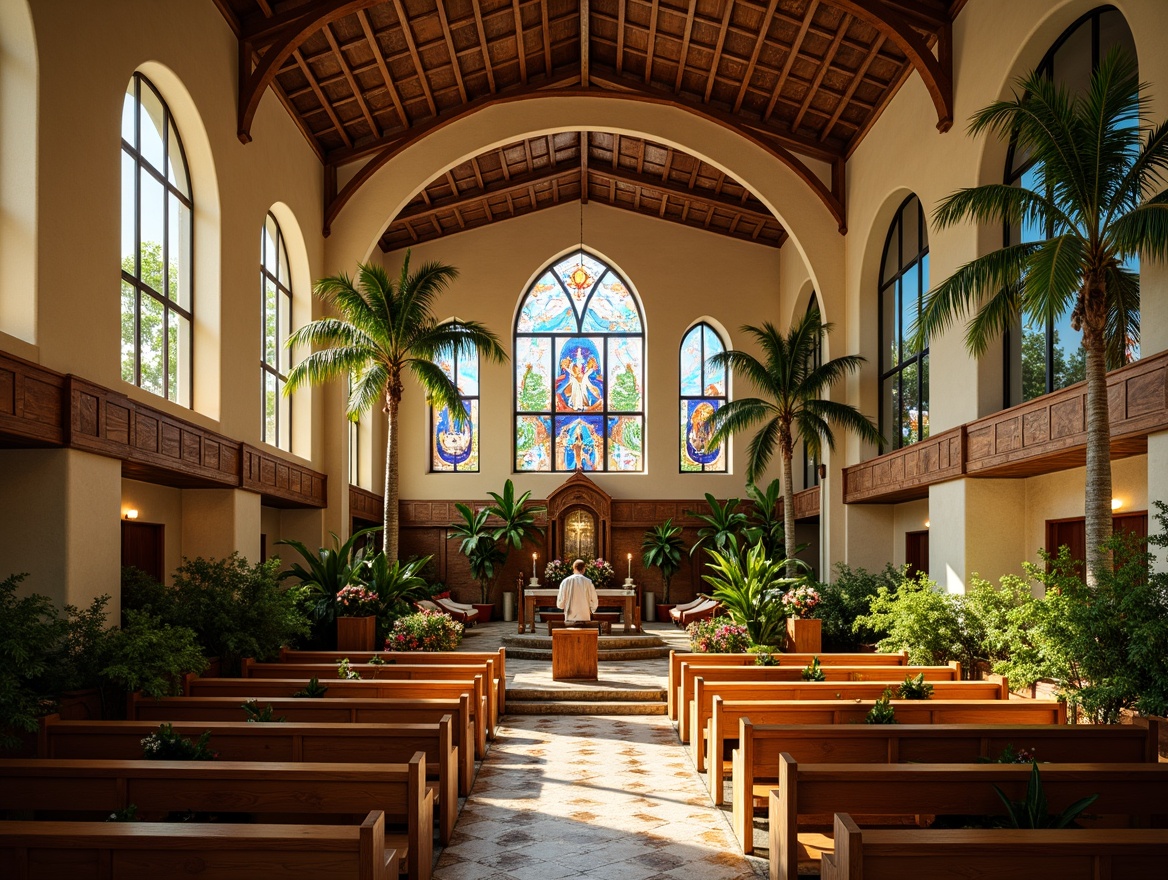 Prompt: Vibrant tropical church interior, warm natural lighting, stained glass windows, colorful mosaic tiles, wooden pews, ornate altars, lush greenery, palm trees, exotic flowers, vaulted ceilings, grand arches, intricately carved wooden doors, rustic stone walls, tranquil ambiance, soft diffused light, warm beige tones, 1/1 composition, atmospheric perspective, realistic textures, subtle shadows.