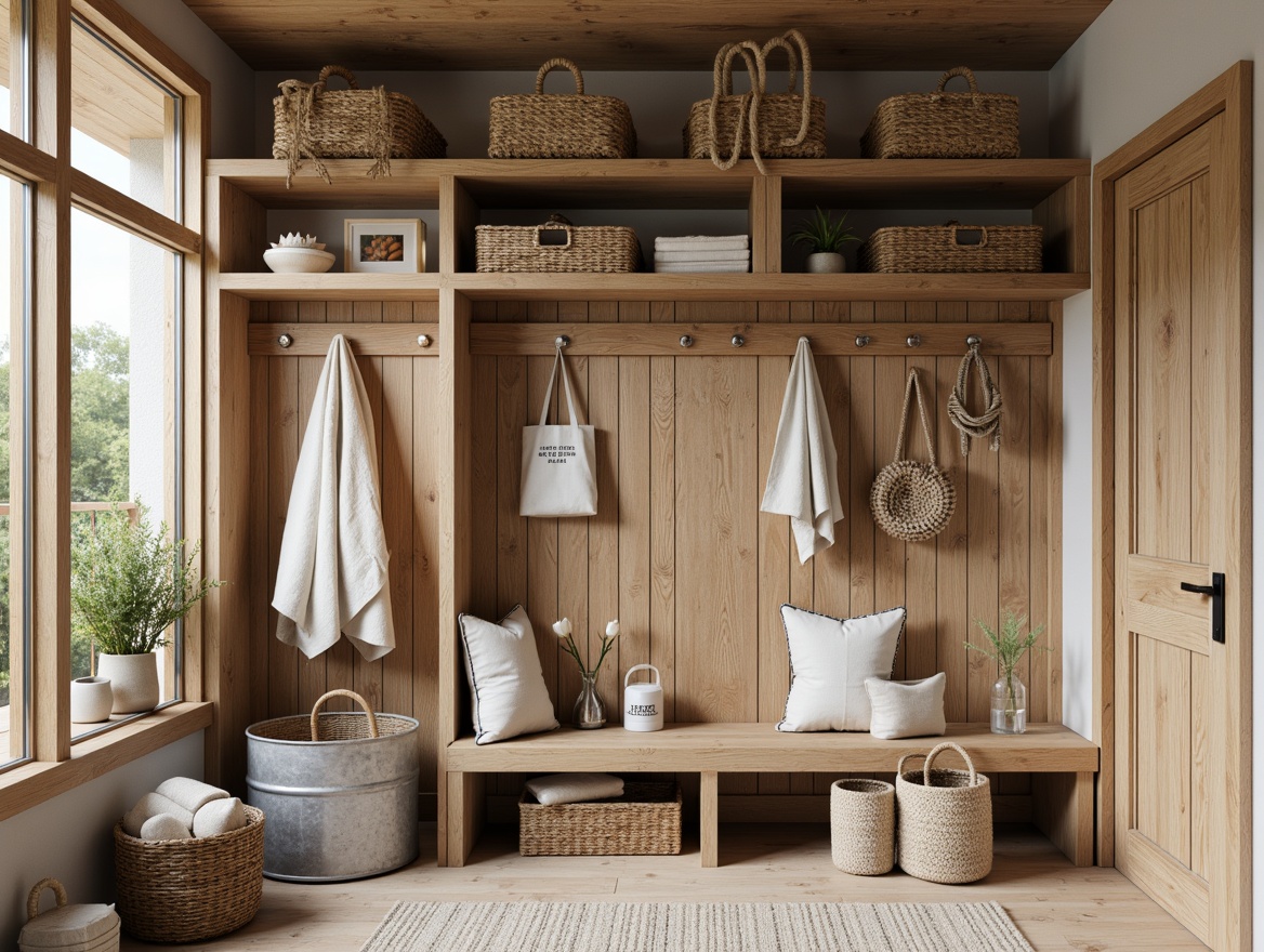 Prompt: Coastal mudroom, rustic wooden accents, natural textures, woven baskets, driftwood shelves, nautical ropes, galvanized metal storage bins, waterproof containers, sandy beige color palette, ocean-inspired decorative elements, shell-adorned accessories, soft warm lighting, shallow depth of field, 1/1 composition, realistic weathering effects, ambient occlusion.