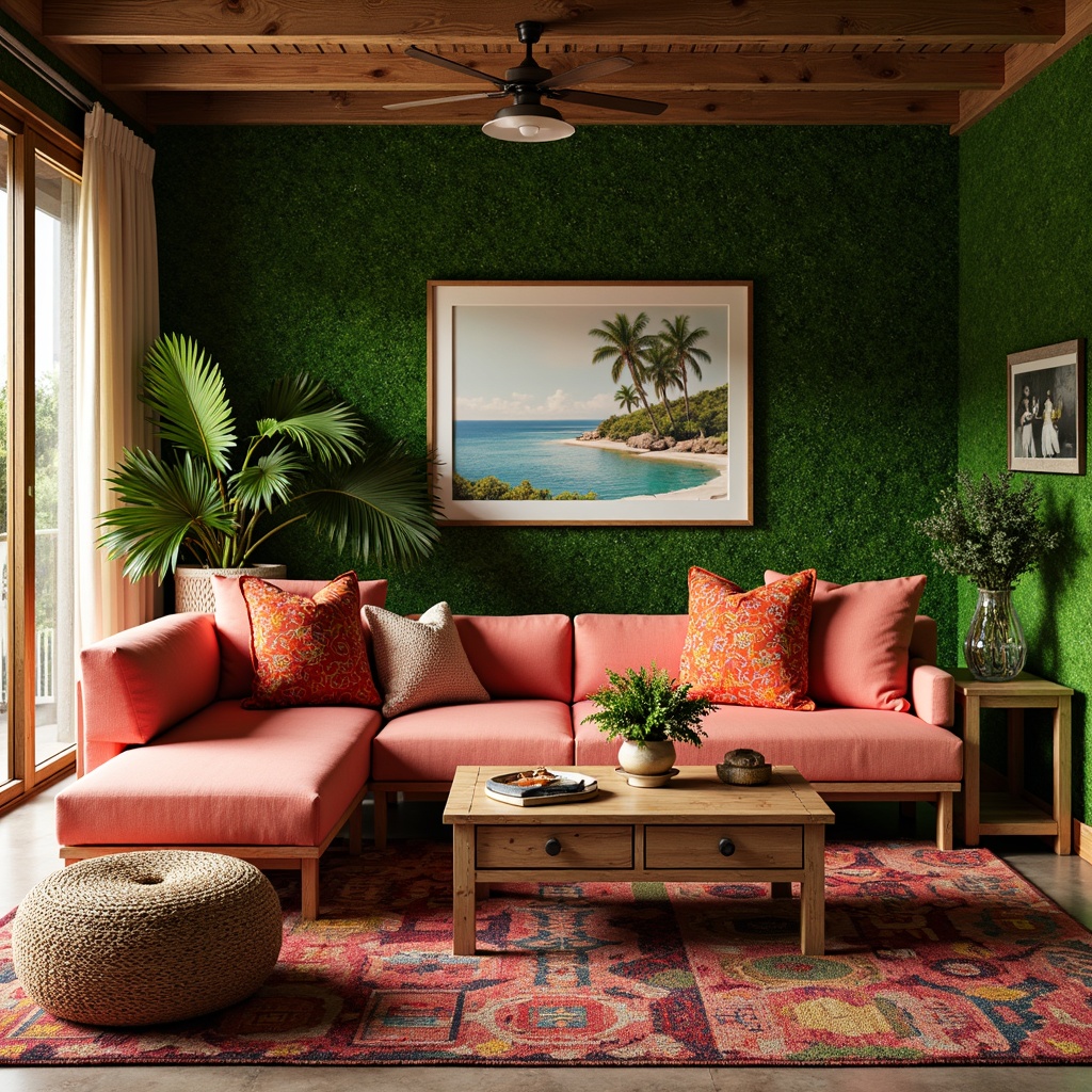 Prompt: Vibrant tropical living room, lush greenery walls, exotic palm trees, rattan furniture, colorful woven textiles, natural fiber rugs, wooden accents, warm golden lighting, cozy throw pillows, eclectic decorative accessories, ocean-inspired artwork, distressed wood coffee table, plush sectional sofa, vibrant coral color scheme, relaxed atmosphere, shallow depth of field, 1/2 composition, soft focus effect.