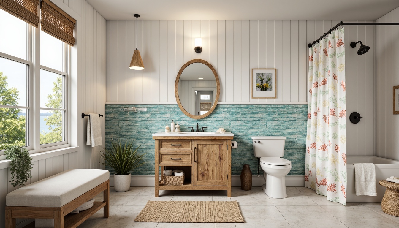 Prompt: Coastal bathroom, ocean-inspired decor, driftwood vanity, sea-glass tile backsplash, white shiplap walls, natural woven fibers, jute rug, coral-patterned shower curtain, reclaimed wood cabinets, nautical-themed accessories, beachy color palette, soft warm lighting, shallow depth of field, 3/4 composition, panoramic view, realistic textures, ambient occlusion.