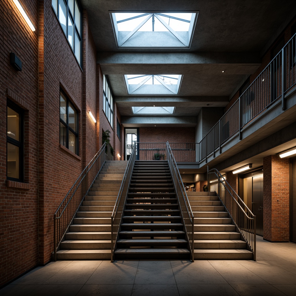 Prompt: Industrial staircase, metallic handrails, concrete steps, exposed brick walls, high ceilings, urban ambiance, overhead skylights, natural daylight, diffused warm lighting, LED strips, industrial-chic fixtures, minimalist design, functional aesthetics, safety-focused illumination, uniform step lighting, stairwell illumination, dramatic shadows, contrast highlights, realistic materials, ambient occlusion.