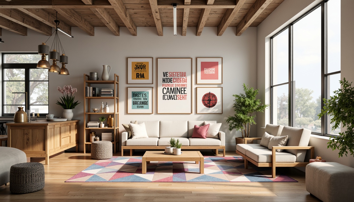 Prompt: Vibrant design studio, modern interior space, eclectic art pieces, bold typography, abstract shapes, pastel hues, creamy whites, rich wood tones, metallic accents, warm ambient lighting, shallow depth of field, 1/1 composition, realistic textures, soft focus effect.