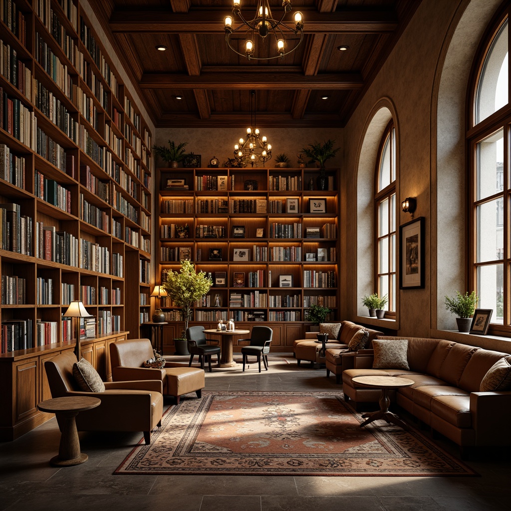 Prompt: Cozy bookstore, warm wood shelves, leather-bound books, comfortable seating areas, plush armchairs, wooden tables, metal lamps, soft warm lighting, natural stone flooring, earthy color palette, rustic wooden accents, elegant chandeliers, floor-to-ceiling bookcases, quiet atmosphere, studious ambiance, 1/1 composition, shallow depth of field, realistic textures, ambient occlusion.