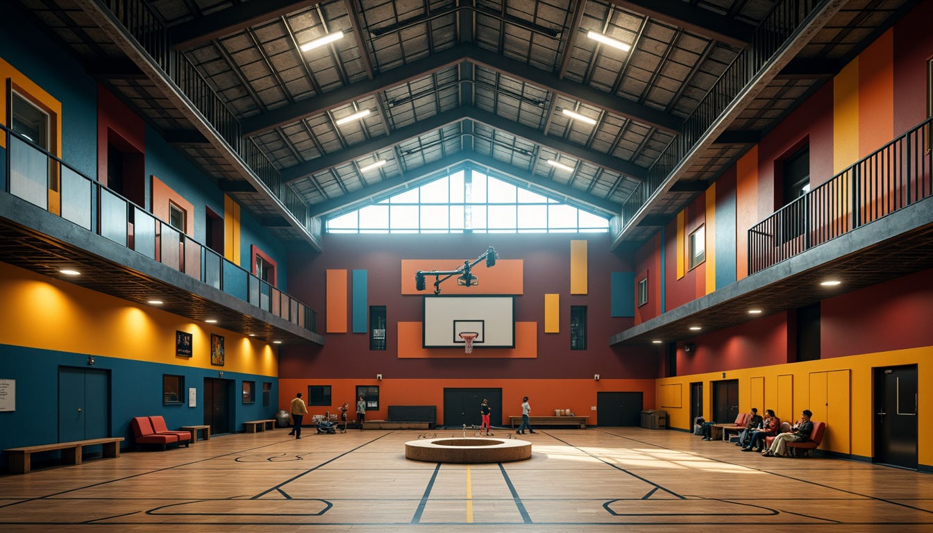 Prompt: Dramatic gymnasium interior, bold Expressionist architecture, high ceilings, industrial steel beams, exposed ductwork, vibrant colored walls, abstract geometric patterns, dynamic lighting effects, intense spotlights, soft ambient glow, warm color temperatures, high contrast ratios, cinematic mood, 1/2 composition, low-angle shots, dramatic shadows, realistic textures, advanced normal mapping.