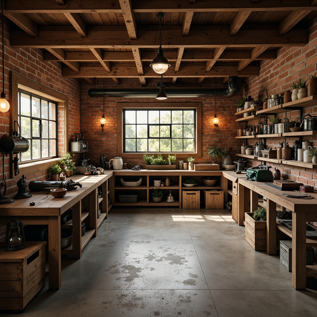 Prompt: Rustic family garage, wooden workbenches, distressed metal tools, vintage machinery, earthy color palette, exposed brick walls, concrete floors, industrial lighting fixtures, wooden crates, metal lanterns, reclaimed wood accents, natural textures, warm ambient lighting, shallow depth of field, 2/3 composition, realistic render, atmospheric perspective.