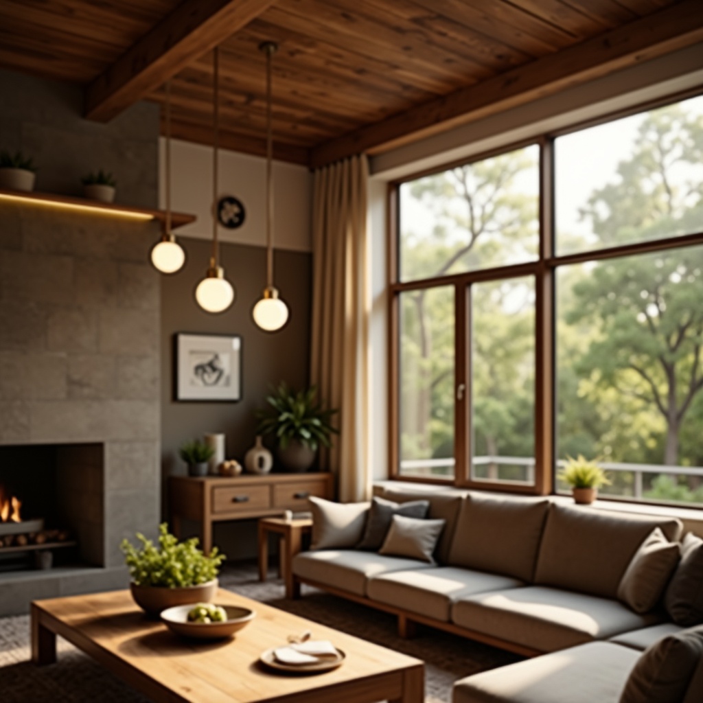 Prompt: Mid-century modern living room, warm ambient lighting, sleek metal fixtures, minimalist pendant lamps, globe-shaped glass shades, brass accents, natural wood tones, earthy color palette, cozy atmosphere, afternoon sunlight, soft warm glow, 1/2 composition, shallow depth of field, realistic textures, ambient occlusion.