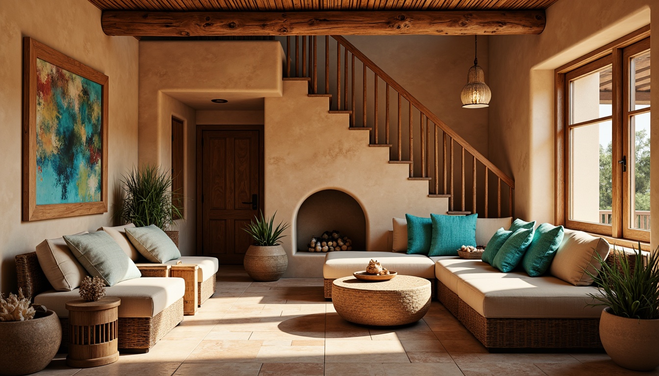 Prompt: Warm southwestern-style staircase, rustic wooden banisters, earthy tone walls, natural stone floors, woven textiles, vibrant turquoise accents, soft warm lighting, table lamps, pendant lights, lantern-style fixtures, bronze metalwork, distressed wood finishes, cozy seating areas, plush throw pillows, desert botanicals, sunny afternoon ambiance, high ceiling, 1/2 composition, shallow depth of field, realistic textures.