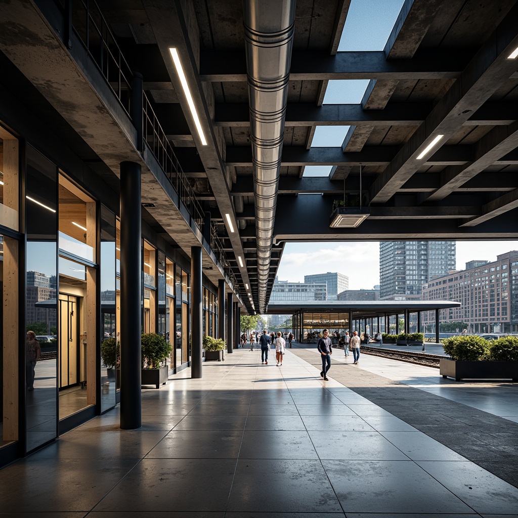 Prompt: Exposed ductwork, industrial metal beams, concrete floors, urban cityscape, bustling train station, modern LED lighting, sleek glass roofs, steel columns, minimalist design, functional architecture, open floor plan, natural ventilation, reclaimed wood accents, distressed metal textures, gritty urban atmosphere, dramatic shadows, high contrast lighting, 1/1 composition, low angle shot, cinematic mood.