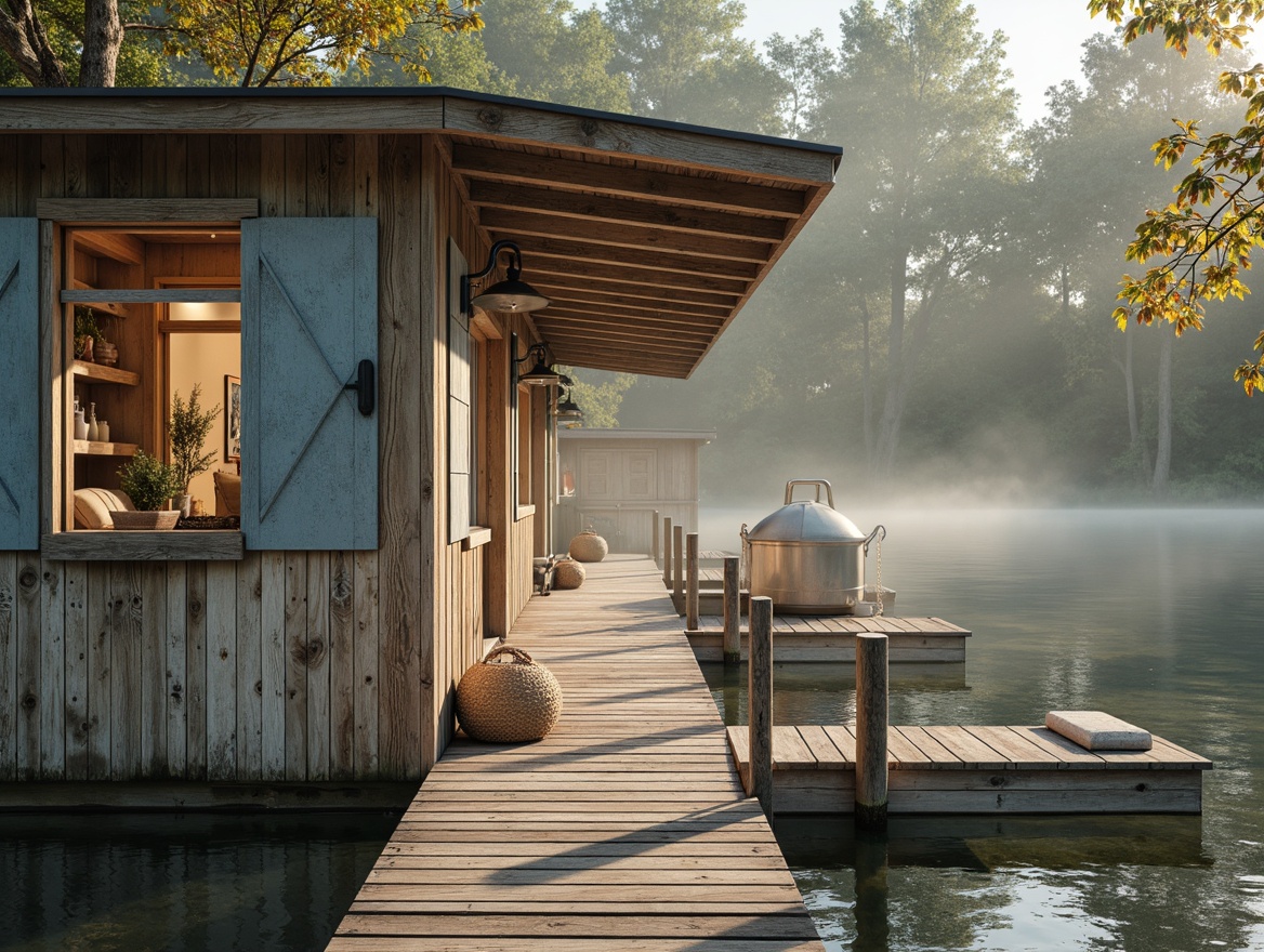 Prompt: Rustic boathouse, weathered wood accents, distressed finishes, nautical ropes, vintage anchors, warm beige tones, soft blues, creamy whites, earthy browns, natural textures, wooden docks, serene lake views, misty mornings, golden hour lighting, shallow depth of field, 2/3 composition, atmospheric perspective, realistic water reflections.