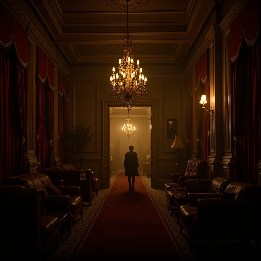 Prompt: Dramatic interior scene, low-key ambient lighting, warm golden tones, subtle shadows, mysterious atmosphere, ornate furnishings, lavish decorations, grand chandeliers, velvet drapes, rich wood paneling, high ceilings, dimly lit corridors, eerie silhouettes, cinematic composition, shallow depth of field, 1/1 aspect ratio, realistic textures, ambient occlusion.