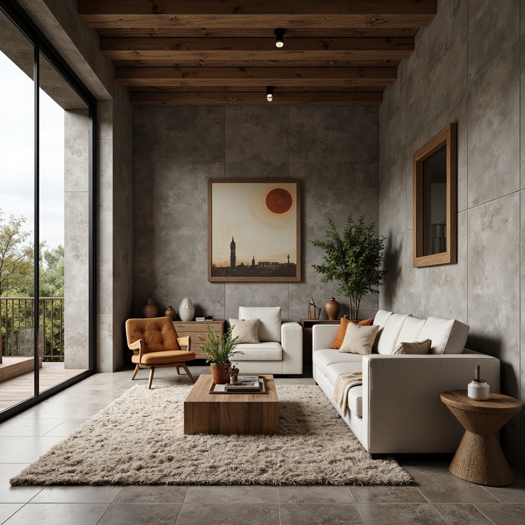 Prompt: Rustic modern living room, textured concrete walls, industrial chic decor, reclaimed wood accents, earthy color palette, natural stone flooring, plush area rugs, floor-to-ceiling windows, soft warm lighting, 1/1 composition, realistic textures, ambient occlusion.