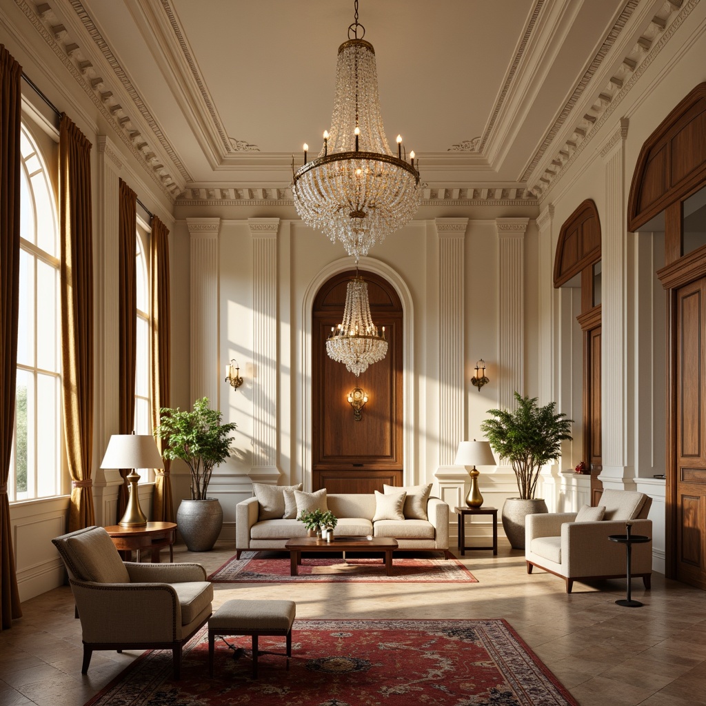 Prompt: \Elegant residential interior, neoclassical arches, ornate moldings, crystal chandeliers, warm golden lighting, soft diffused glow, floor lamps with linen shades, table lamps with bronze accents, coffered ceiling, creamy white walls, rich wood paneling, plush area rugs, velvet drapes, classical columns, intricate carvings, subtle shadows, 1/1 composition, realistic textures, ambient occlusion.\