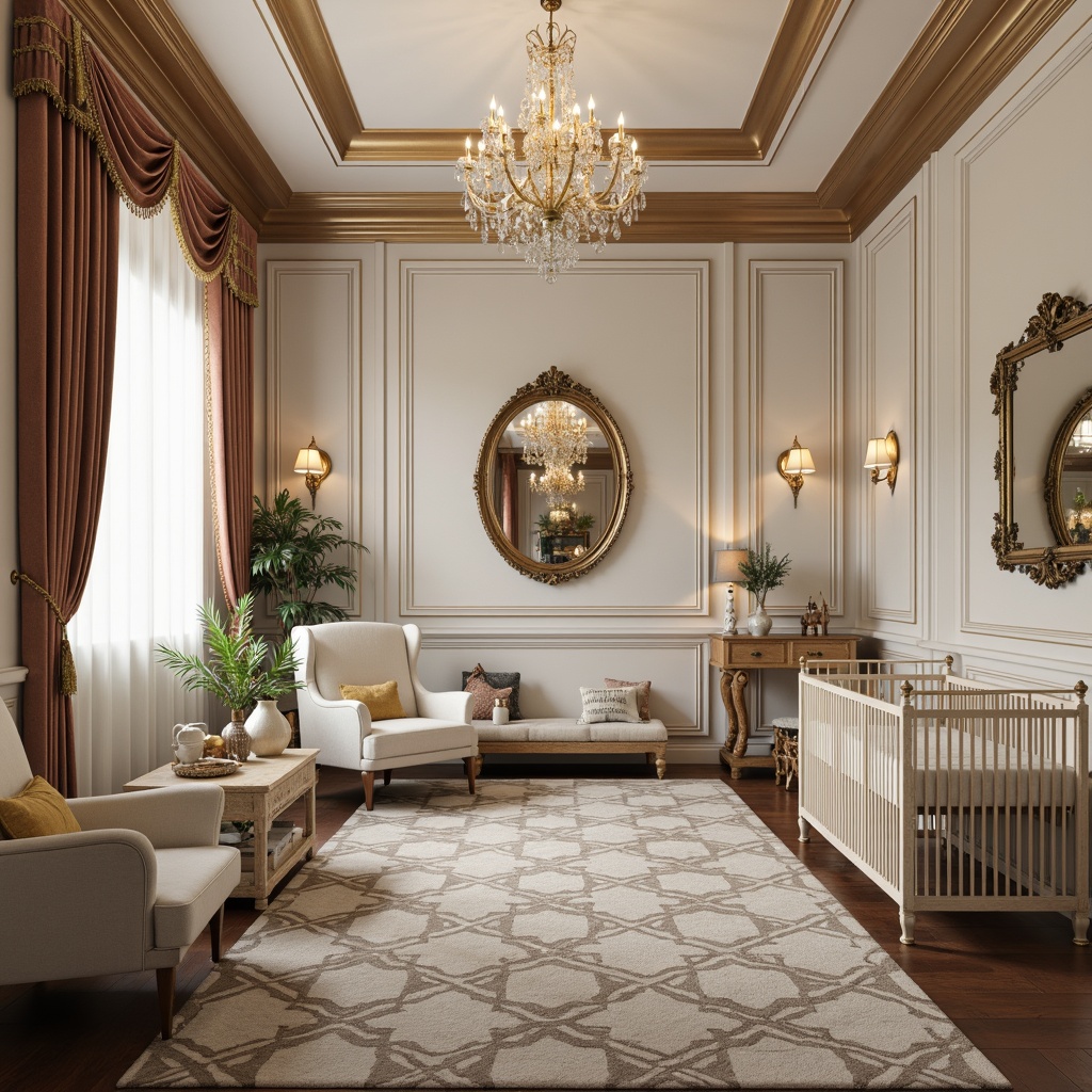 Prompt: Luxurious nursery, ornate cribs, velvet drapes, metallic accents, geometric patterns, elegant chandeliers, plush area rugs, curved lines, rich wood tones, ivory whites, soft gold leafing, sophisticated furniture pieces, antique hardware, luxurious fabrics, vintage-inspired decorative accessories, warm ambient lighting, 1/1 composition, symmetrical arrangement, ornate mirrors, lavish textiles, subtle metallic sheen.