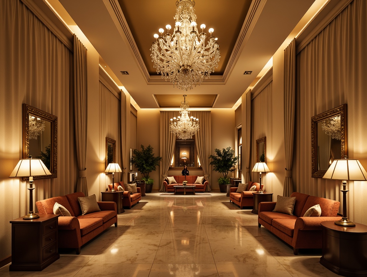 Prompt: Luxurious interior space, warm beige walls, polished marble floors, crystal chandeliers, table lamps with silk shades, floor-to-ceiling drapes, velvet sofas, ornate mirrors, subtle LED strips, soft warm glow, ambient shadows, 1/2 composition, realistic reflections, high-dynamic-range lighting, cinematic atmosphere.