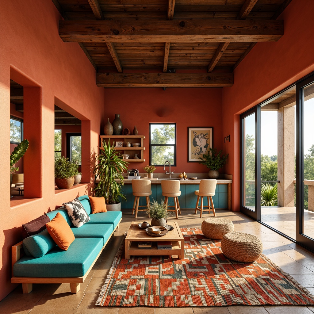 Prompt: Vibrant turquoise accents, earthy terracotta tones, rustic wooden beams, natural stone countertops, woven wicker furniture, geometric patterned rugs, warm sandy floors, desert-inspired botanicals, traditional Native American pottery, colorful ceramic tiles, bold red and orange hues, modern Southwestern architecture, large windows, sliding glass doors, abundant natural light, warm golden lighting, 3/4 composition, realistic textures.