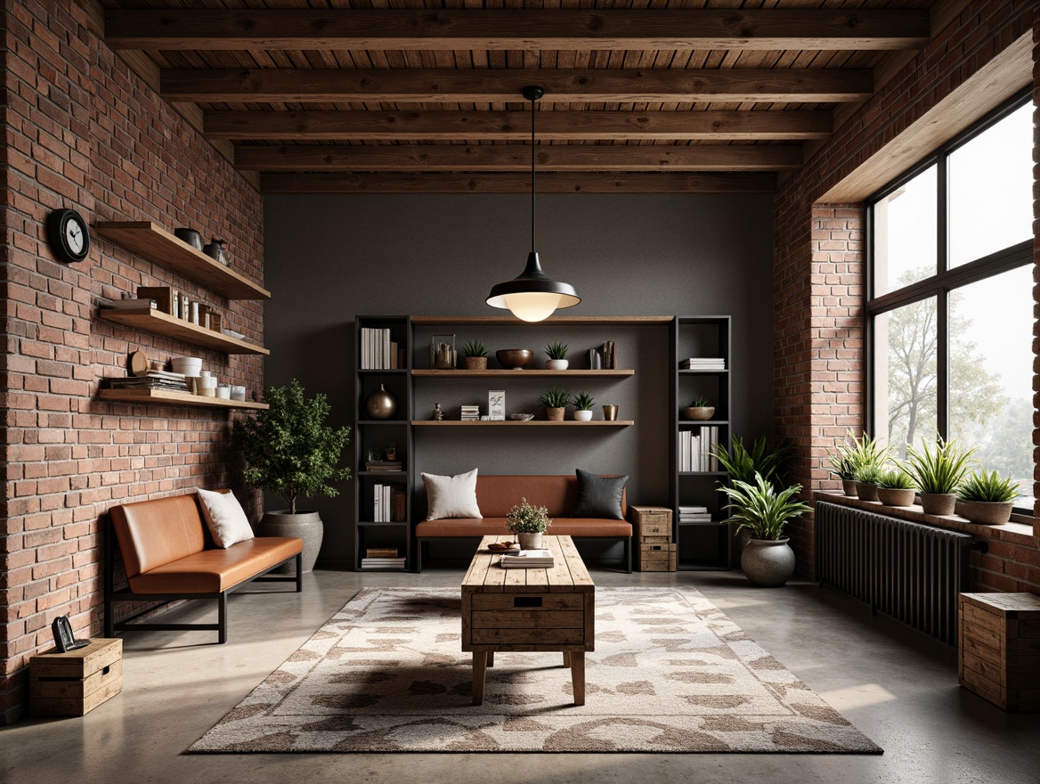 Prompt: Exposed brick walls, reclaimed wood accents, industrial metal beams, distressed concrete floors, urban loft atmosphere, modern minimalist decor, monochromatic color scheme, functional shelving units, rugged metal hooks, weathered leather benches, vintage industrial lighting fixtures, rustic wooden crates, earthy tone palette, matte finish surfaces, geometric patterned rugs, soft warm ambiance, 1/1 composition, realistic textures, ambient occlusion.