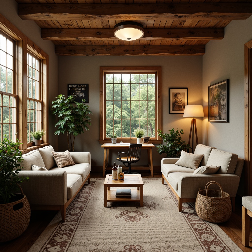 Prompt: Cozy home office, vernacular style, warm wooden furniture, earthy tones, natural textiles, rustic metal accents, soft overhead lighting, table lamps, floor lamps, warm white LED lights, frosted glass shades, linen fabric, woven baskets, vintage decorative items, distressed wood finishes, comfortable seating areas, organized workspaces, inspirational quotes, greenery, potted plants, large windows, abundant natural light, subtle shadows, 1/2 composition, soft focus, realistic textures.