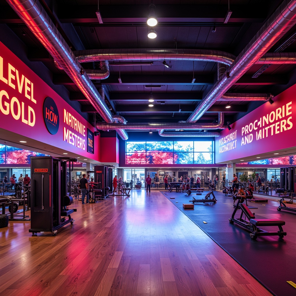 Prompt: Vibrant gym interior, bold color scheme, energetic atmosphere, motivational quotes, athletic equipment, sleek metal beams, polished wooden floors, neon-lit scoreboard, dynamic lighting, intense workout zones, mirrored walls, modern architecture, open-plan layout, high ceilings, natural ventilation, abundant daylight, refreshing color tones, rejuvenating ambiance, invigorating scent, panoramic view, shallow depth of field, 3/4 composition, realistic textures, ambient occlusion.