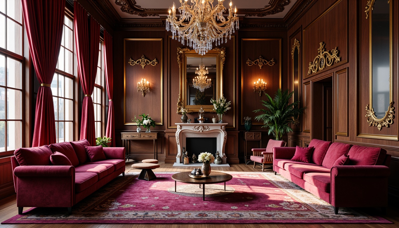 Prompt: Rich velvet fabrics, ornate wooden furniture, luxurious amethyst accents, golden metallic decorations, regal crimson hues, classic traditional architecture, grand ballrooms, crystal chandeliers, intricate moldings, opulent drapery, lavish furnishings, vintage antique pieces, sophisticated color palette, warm soft lighting, shallow depth of field, 1/1 composition, realistic textures, ambient occlusion.