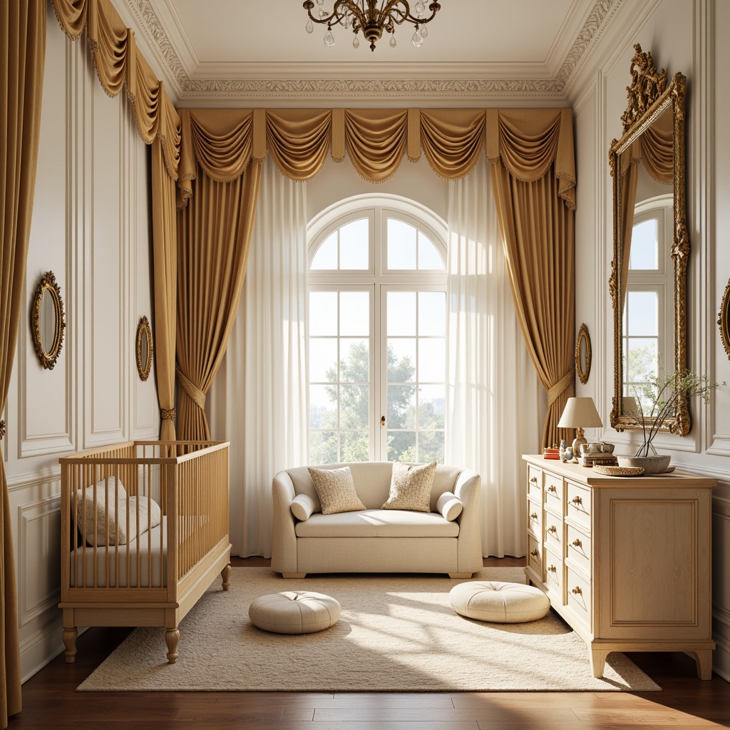 Prompt: Luxurious nursery, ornate furniture, rich velvet drapes, soft golden lighting, creamy whites, warm beige tones, lavish pastel hues, delicate lace trimmings, intricate wood carvings, ornamental mirrors, gilded frames, plush area rugs, sumptuous fabrics, subtle sheen finishes, elegant curved lines, majestic crown molding, airy ceiling heights, serene atmosphere, gentle warm colors, soft focus blur, 1/1 composition, realistic textures.