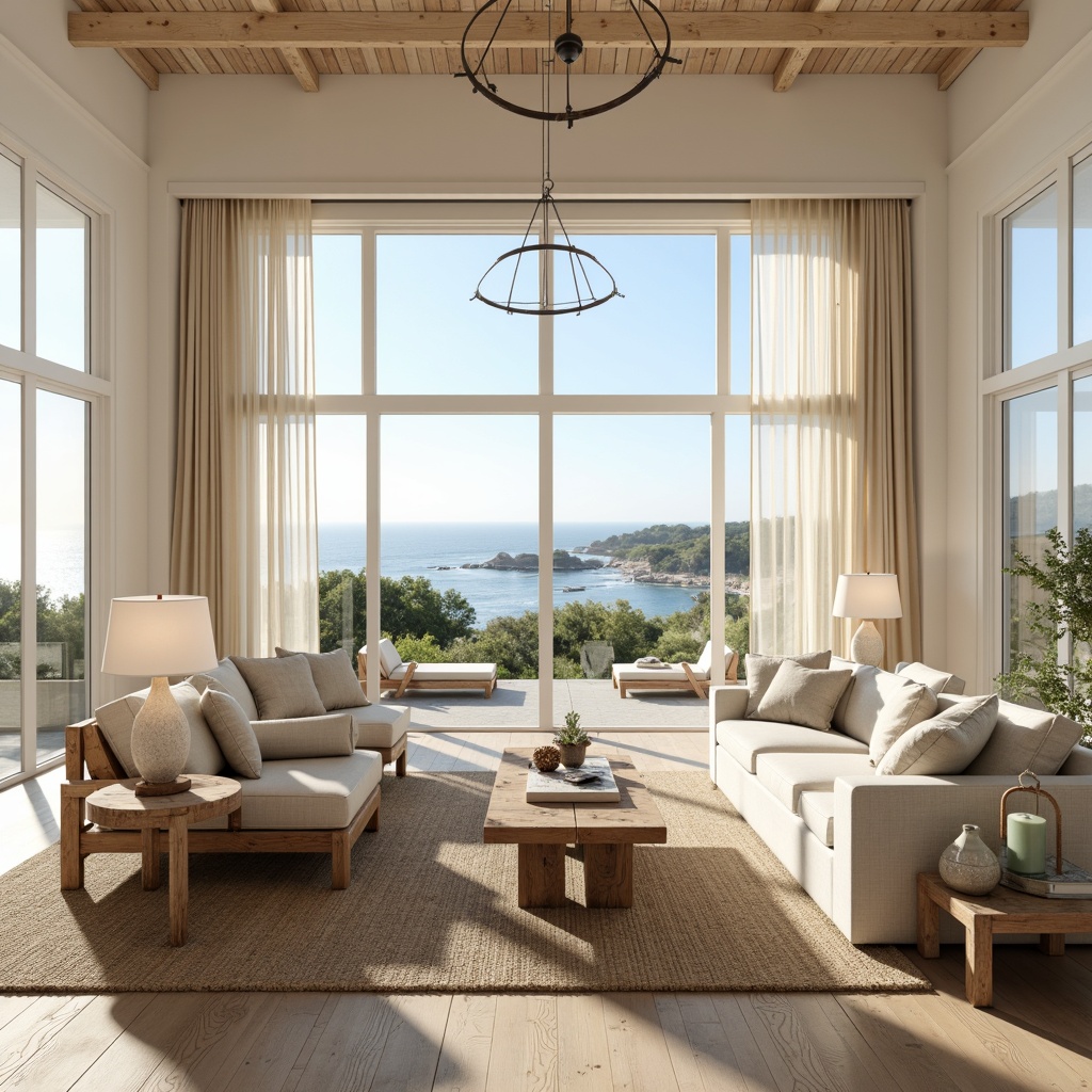 Prompt: Coastal living room, large windows, ocean views, natural light, bright and airy atmosphere, soft creamy walls, white wood accents, driftwood furniture, jute rug, sea-inspired decorative items, pendant lighting fixtures, nautical-themed table lamps, floor-to-ceiling curtains, sheer fabrics, warm beige tones, subtle texture overlays, realistic material reflections, shallow depth of field, 1/1 composition, softbox lighting, ambient occlusion.