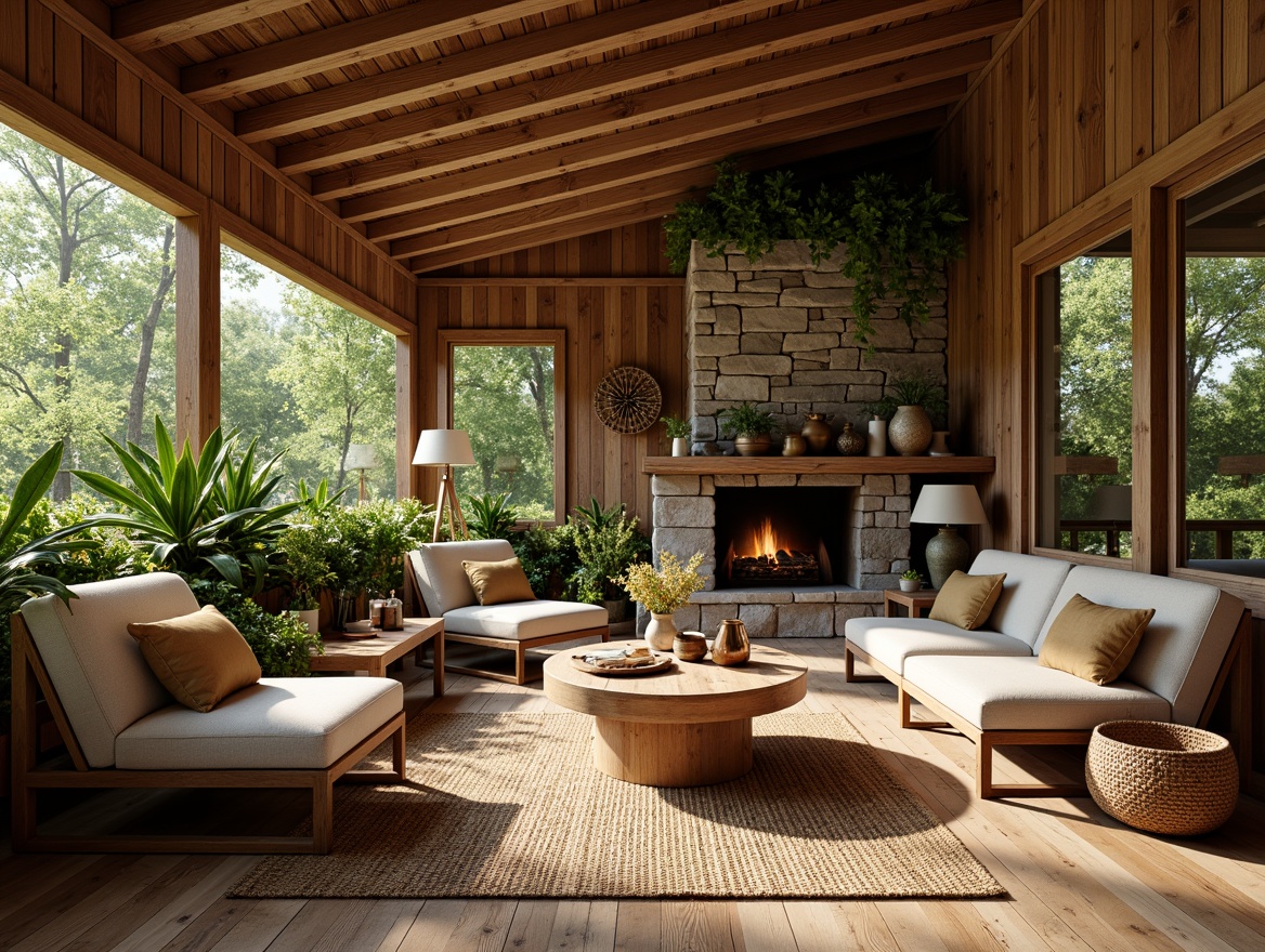 Prompt: Earth-toned cabin, wooden accents, reclaimed wood walls, stone fireplace, natural fiber rugs, woven wicker furniture, living green walls, lush indoor plants, bamboo flooring, rattan decorations, organic shapes, earthy color palette, warm cozy lighting, rustic textures, 1/1 composition, shallow depth of field, realistic rendering.