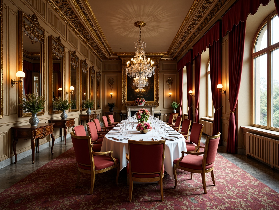 Prompt: Luxurious dining room, ornate mirrors, gilded frames, velvet drapes, rich tapestries, intricate carvings, marble floors, crystal chandeliers, majestic columns, grandiose archways, opulent furnishings, regal colors, golden accents, lavish textiles, elaborate patterns, Renaissance-inspired decor, soft warm lighting, shallow depth of field, 1/2 composition, dramatic shadows, realistic reflections.