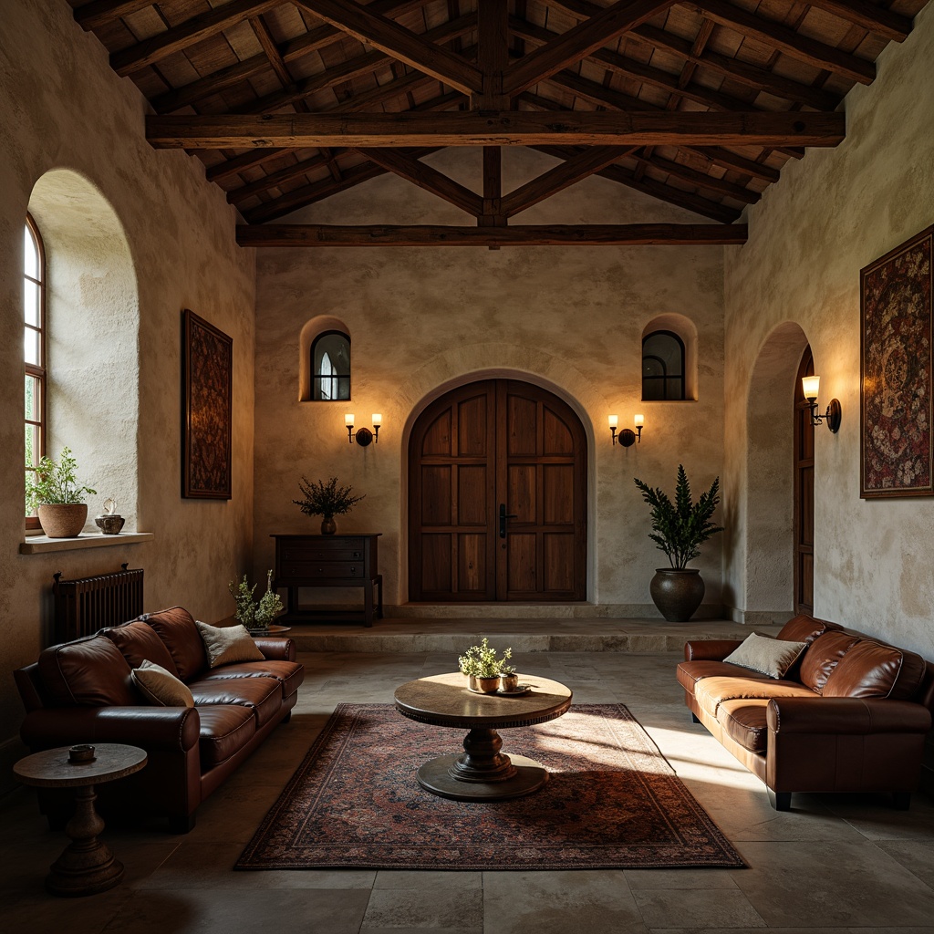 Prompt: Rustic monastery interior, distressed wood furniture, worn leather upholstery, ornate metal fixtures, candle-lit ambiance, vaulted ceilings, stone walls, rich tapestries, grand wooden doors, minimalist decor, soft warm lighting, shallow depth of field, 1/1 composition, realistic textures, ambient occlusion.