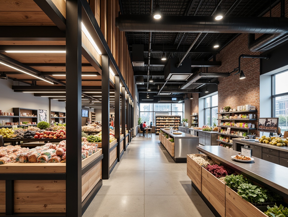 Prompt: Modern grocery store interior, sleek shelving units, industrial metal frames, polished wooden accents, abundant natural light, high ceilings, spacious aisles, product-filled shelves, colorful packaging, LED lighting, minimalist signage, stainless steel countertops, rustic brick walls, urban chic atmosphere, shallow depth of field, 1/1 composition, realistic textures, ambient occlusion.