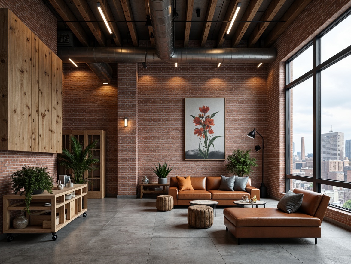 Prompt: Exposed brick walls, reclaimed wood accents, metal beams, industrial chic decor, minimalist lighting fixtures, functional modular furniture, distressed leather sofas, wooden crates, metal stools, vintage factory carts, urban loft atmosphere, neutral color palette, rustic textures, natural stone flooring, polished concrete surfaces, geometric patterns, edgy modern architecture, urban cityscape views, cloudy day, soft diffused lighting, shallow depth of field, 2/3 composition.