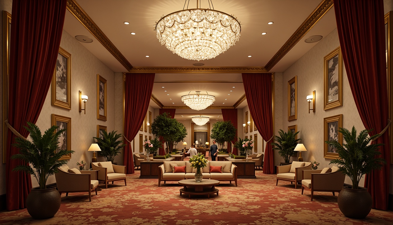 Prompt: Luxurious hotel lobby, grand chandelier, ornate furnishings, plush carpeting, velvet drapes, marble columns, intricate molding, golden accents, lavish flower arrangements, sparkling crystal fixtures, ambient warm lighting, shallow depth of field, 3/4 composition, soft focus effect, realistic textures, atmospheric sound effects.