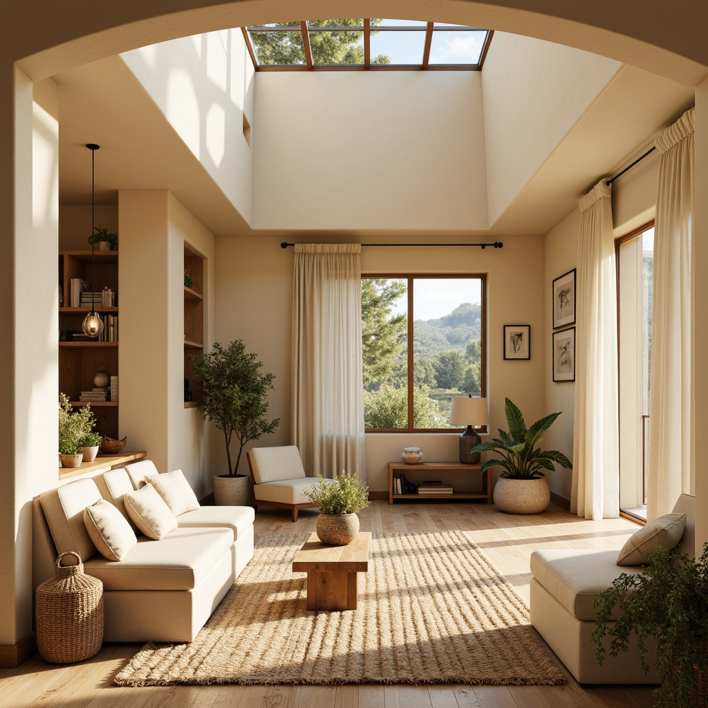 Prompt: Warm beige walls, creamy white trim, soft natural lighting, clerestory windows, skylights, sliding glass doors, organic shapes, reclaimed wood accents, woven textiles, jute rugs, potted greenery, earthy color palette, rustic metal fixtures, minimalist decor, open floor plan, airy feel, abundant natural light, warm ambiance, 1/1 composition, soft focus, subtle shadows.