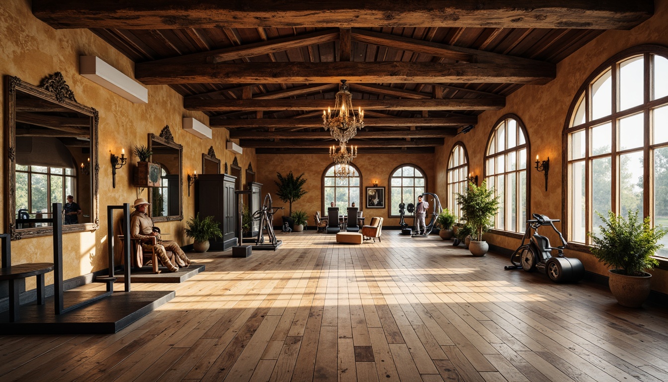 Prompt: Rustic French country gym, distressed wood flooring, reclaimed barn planks, warm earthy tones, soft ambient lighting, vintage athletic equipment, antique mirrors, natural stone walls, wooden beams, arched windows, ornate metalwork, rich textures, warm color palette, cozy atmosphere, functional training areas, free weights, cardio machines, yoga spaces, mirrored dance studios, modern fitness amenities, soft music, relaxing ambiance.