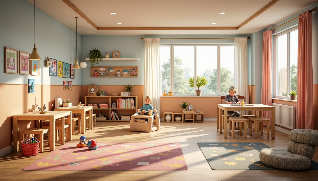 Prompt: Warm kindergarten interior, soft pastel colors, gentle wooden furniture, cozy reading nooks, playful educational toys, vibrant artwork displays, natural light pouring in, large windows, sheer curtains, warm floor lamps, table lamps, colorful rug patterns, comfortable seating areas, stimulating play zones, interactive learning tools, cheerful decorative accents, bright ceiling lights, indirect soft lighting, 1/2 composition, shallow depth of field, realistic textures.