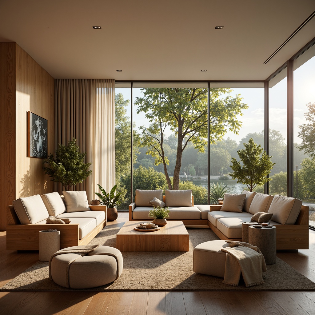 Prompt: Cozy living room, plush sofas, ergonomic chairs, wooden coffee tables, soft cushions, velvety carpets, warm beige walls, floor-to-ceiling windows, natural sunlight, gentle breezes, calming ambiance, 1/2 composition, shallow depth of field, realistic textures, ambient occlusion, harmonious color palette, soothing atmosphere, comfortable seating arrangement.