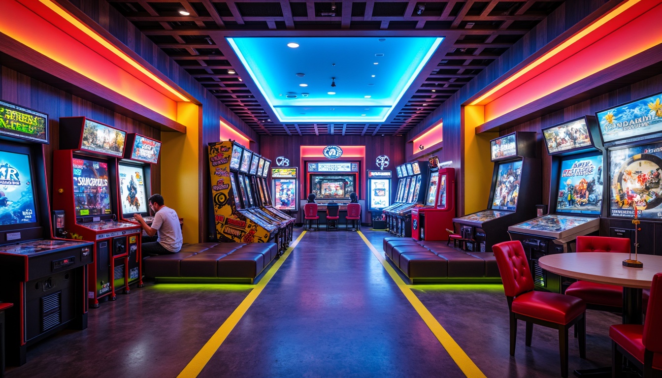 Prompt: Vibrant game room, neon-lit arcade machines, bold primary colors, electric blue accents, bright red highlights, yellow-green fusion, retro-futuristic aesthetic, metallic surfaces, glossy finishes, dark wood trim, ambient LED lighting, cozy seating areas, futuristic sound systems, immersive gaming experiences, cinematic screens, 3D graphics, high-contrast visual effects.