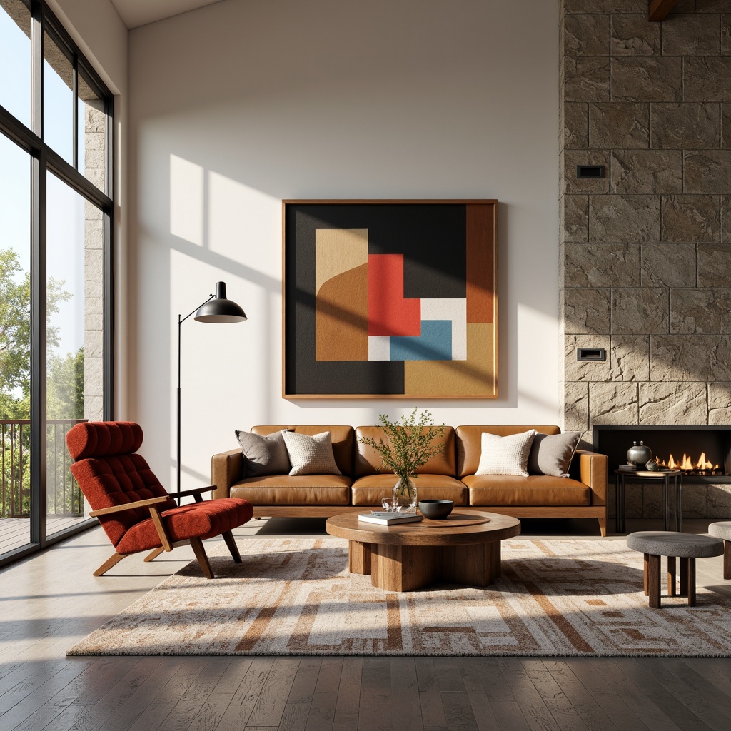 Prompt: Mid-century modern living room, sleek low-profile sofa, tufted velvet armchair, wooden coffee table, geometric-patterned rug, minimalist floor lamp, industrial-chic metal side tables, bold colorful artwork, natural stone wall accent, large windows, soft warm lighting, 1/1 composition, realistic textures, ambient occlusion.