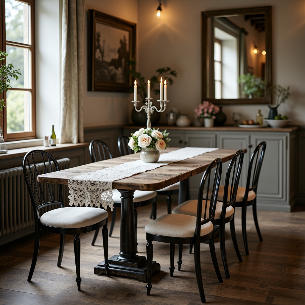 Prompt: Distressed wooden tables, vintage metal chairs, soft cushions, lace table runners, floral patterned fabrics, pastel color palette, ornate mirrors, antique candelabras, rustic wooden floors, natural stone walls, warm cozy lighting, shallow depth of field, 1/2 composition, intimate atmosphere, realistic textures, ambient occlusion.