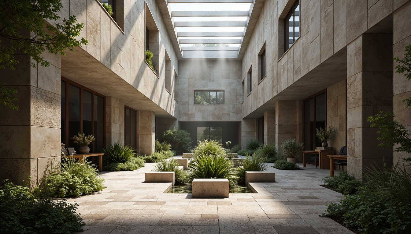 Prompt: Weathered stone walls, exposed concrete columns, reclaimed wood accents, natural light pouring, minimalist ornamentation, serene memorial gardens, peaceful water features, subtle landscaping, rustic metal details, earthy color palette, brutalist architecture, monumental scale, dramatic skylights, 1/1 composition, high contrast lighting, misty atmosphere, subtle textures, ambient occlusion.