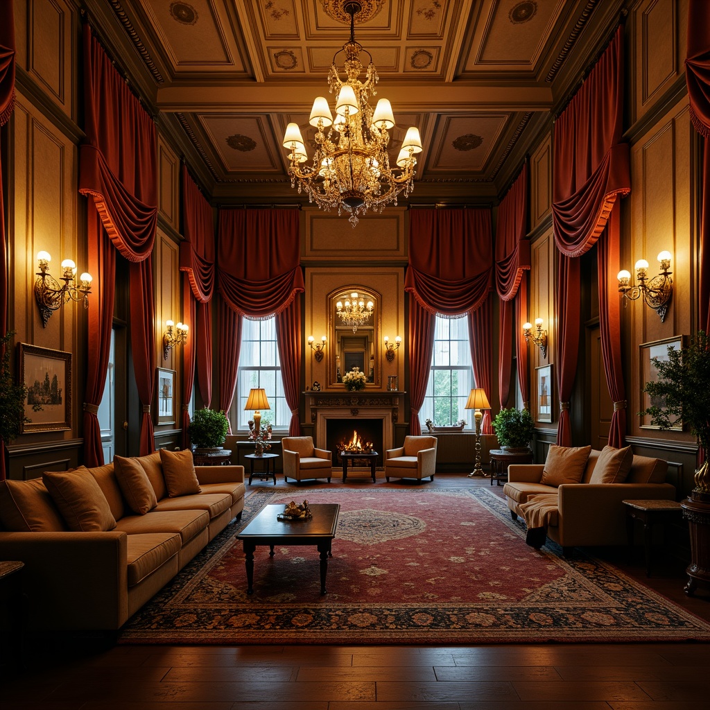 Prompt: Opulent Victorian mansion, grand chandeliers, warm candlelight, rich velvet drapes, ornate wooden paneling, intricately patterned rugs, lavish furnishings, golden accents, soft warm glow, dramatic shadows, high contrast ratio, low-key lighting, subtle color temperature, warm beige tones, nostalgic ambiance, intimate atmosphere, 1/1 composition, shallow depth of field, realistic textures, ambient occlusion.