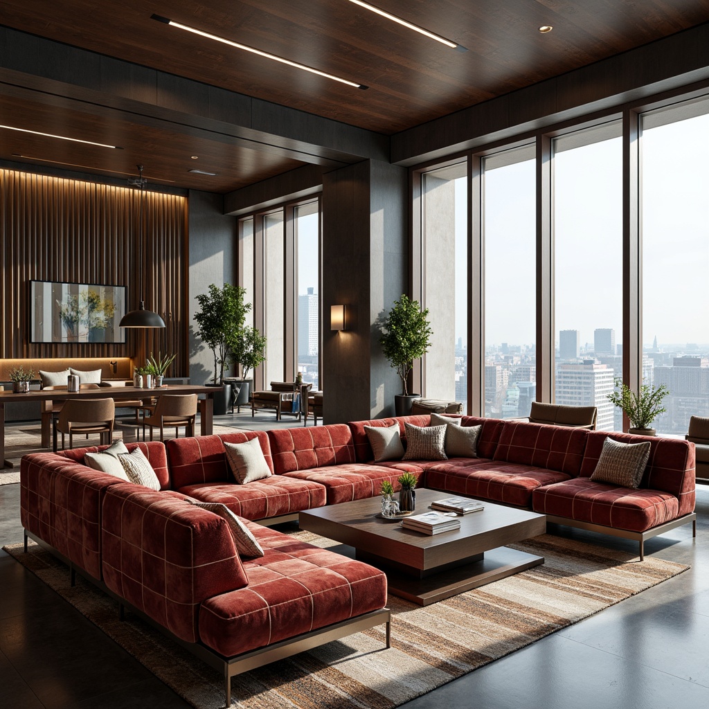 Prompt: Streamlined modern interior, luxurious velvet sofas, bold geometric patterns, metallic accents, sleek low-profile chairs, minimalist coffee tables, rich wood tones, floor-to-ceiling windows, urban cityscape views, natural daylight, soft warm ambient lighting, 1/1 composition, shallow depth of field, realistic fabric textures, subtle sheen effects.